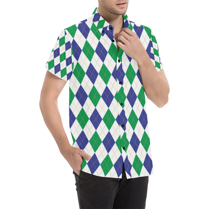 Argyle Green Blue Pattern Print Design 03 Men's Short Sleeve Button Up Shirt