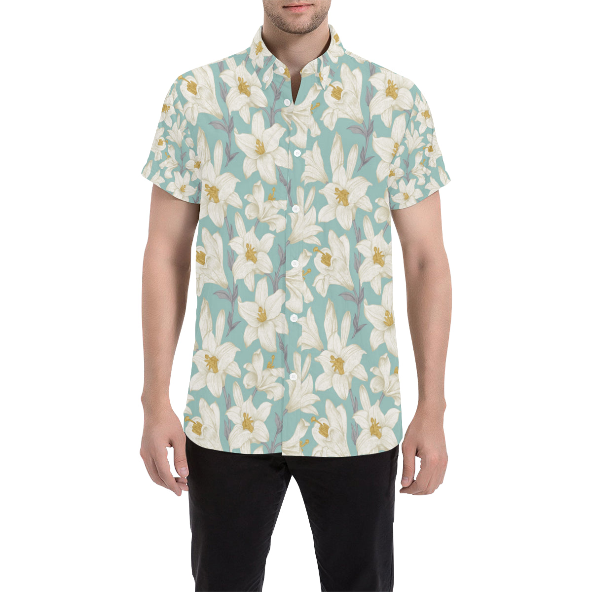 Lily Pattern Print Design 02 Men's Short Sleeve Button Up Shirt