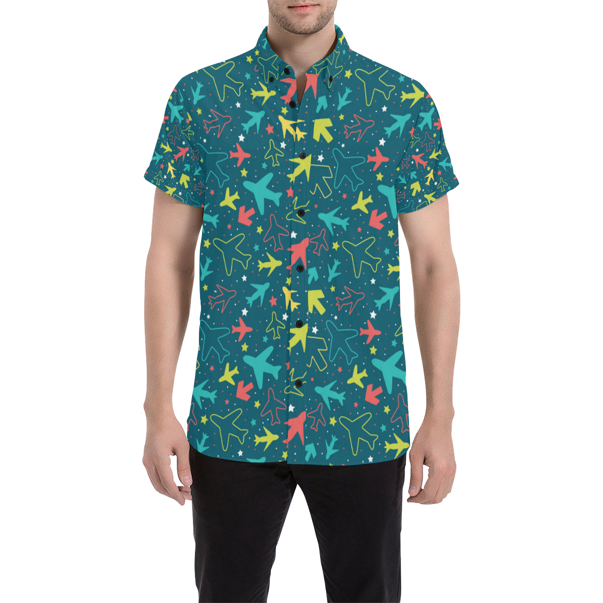 Airplane Pattern Print Design 05 Men's Short Sleeve Button Up Shirt