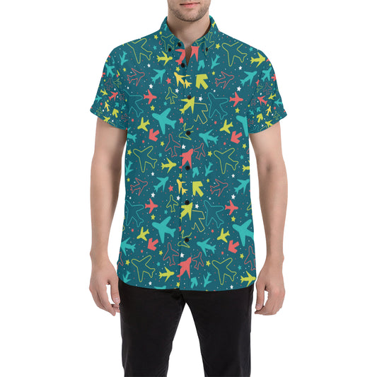 Airplane Pattern Print Design 05 Men's Short Sleeve Button Up Shirt