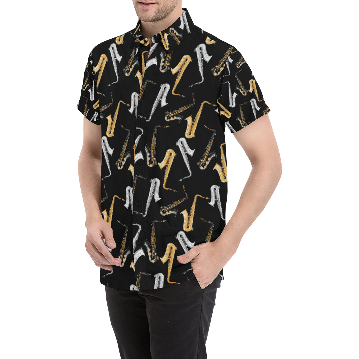 Saxophone Pattern Print Design 01 Men's Short Sleeve Button Up Shirt