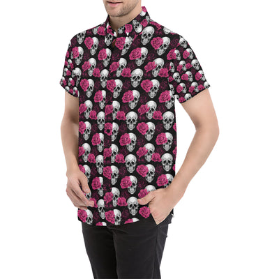 Pink Rose Skull Themed Print Men's Short Sleeve Button Up Shirt