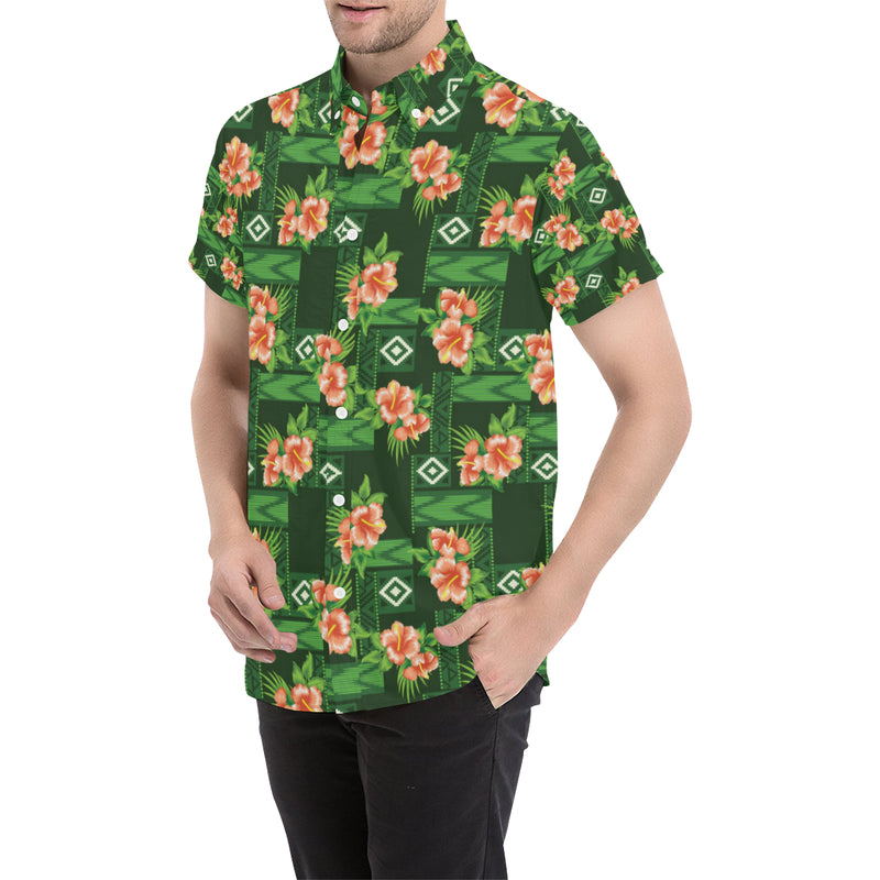 Hibiscus Pattern Print Design HB05 Men's Short Sleeve Button Up Shirt