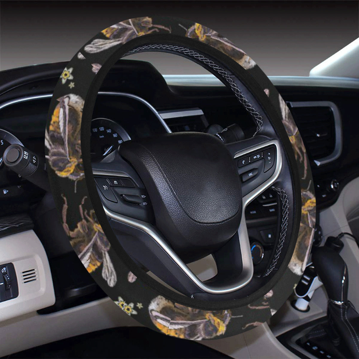 Bee Pattern Print Design 04 Steering Wheel Cover with Elastic Edge