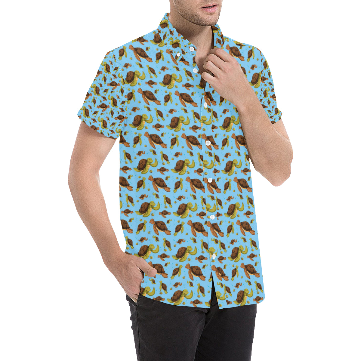 Hello Sea Turtle Print Pattern Men's Short Sleeve Button Up Shirt