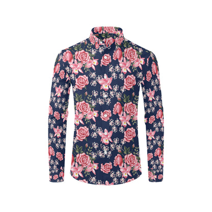 Rose Pattern Print Design A05 Men's Long Sleeve Shirt