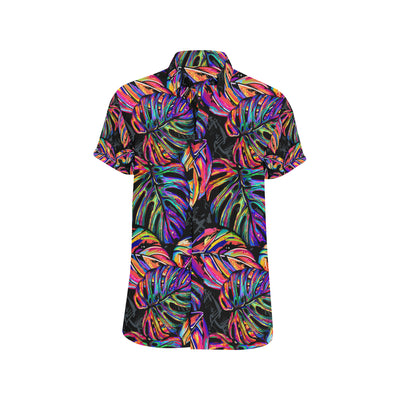 Neon Color Tropical Palm Leaves Men's Short Sleeve Button Up Shirt