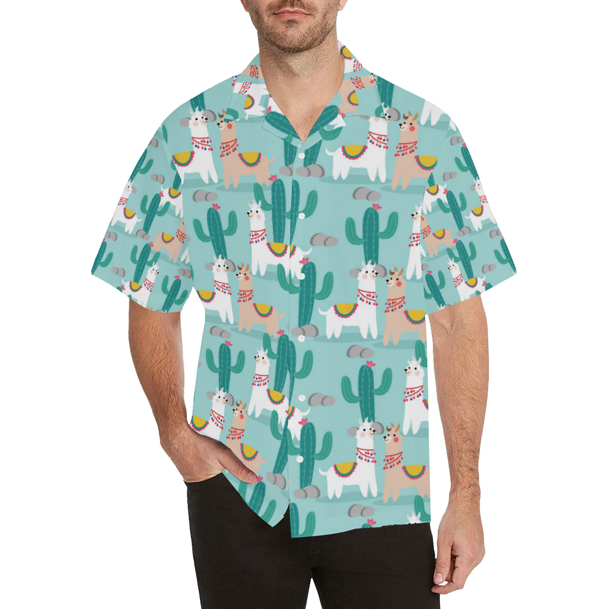 Llama Cactus Pattern Print Design 08 Men's Hawaiian Shirt