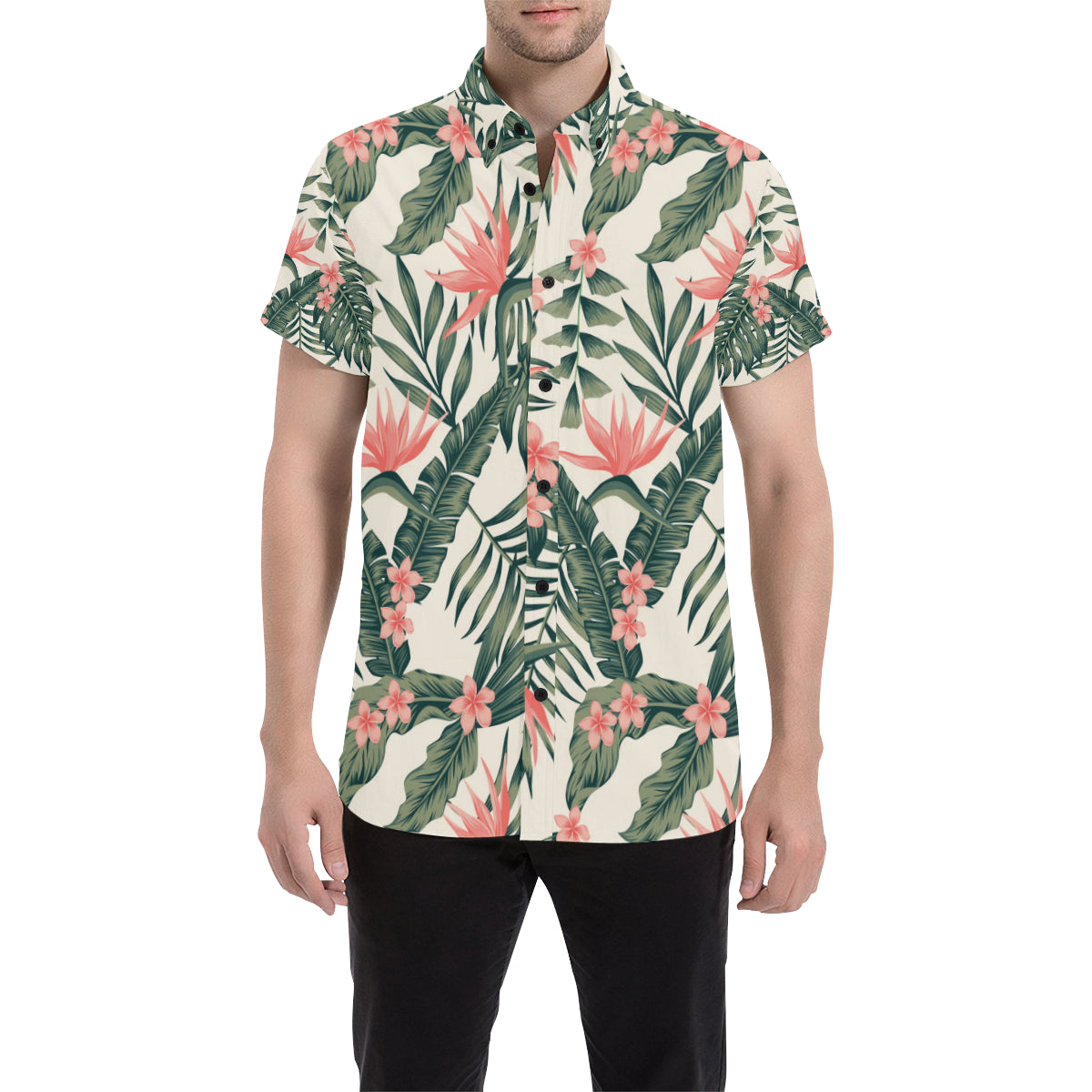 Tropical Flower Palm Leaves Men's Short Sleeve Button Up Shirt