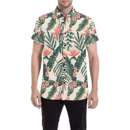 Tropical Flower Palm Leaves Men's Short Sleeve Button Up Shirt