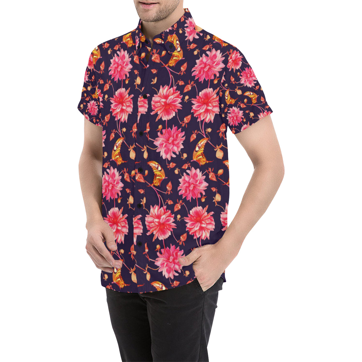 Dahlia Pattern Print Design DH03 Men's Short Sleeve Button Up Shirt