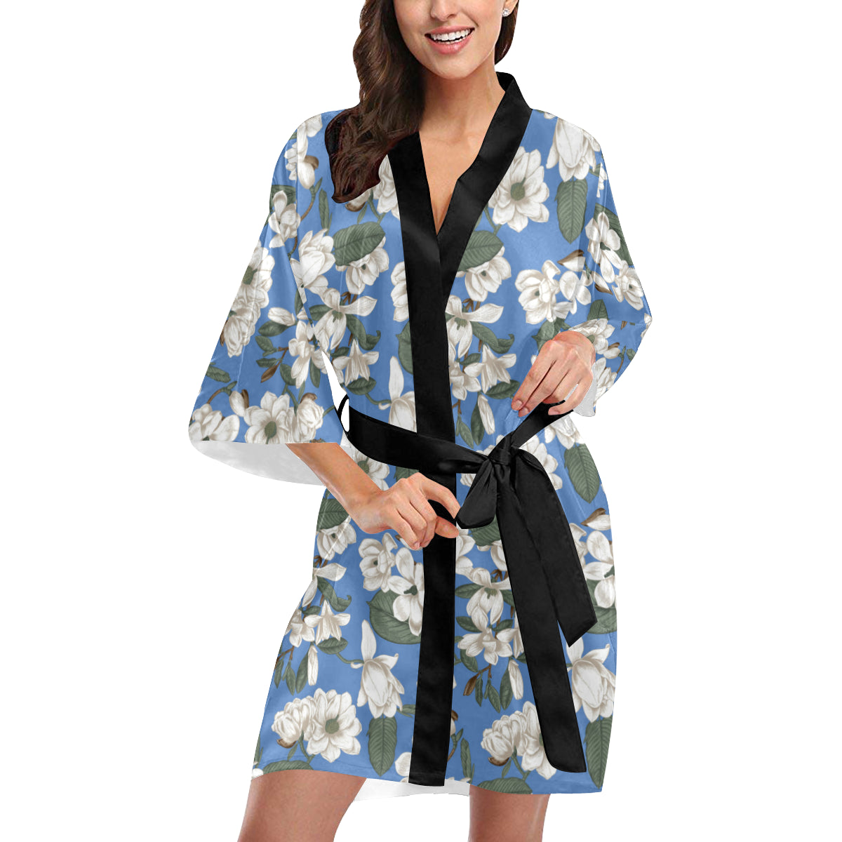 Magnolia Pattern Print Design 01 Women's Short Kimono