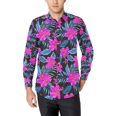 Neon Pink Hibiscus Pattern Print Design HB015 Men's Long Sleeve Shirt