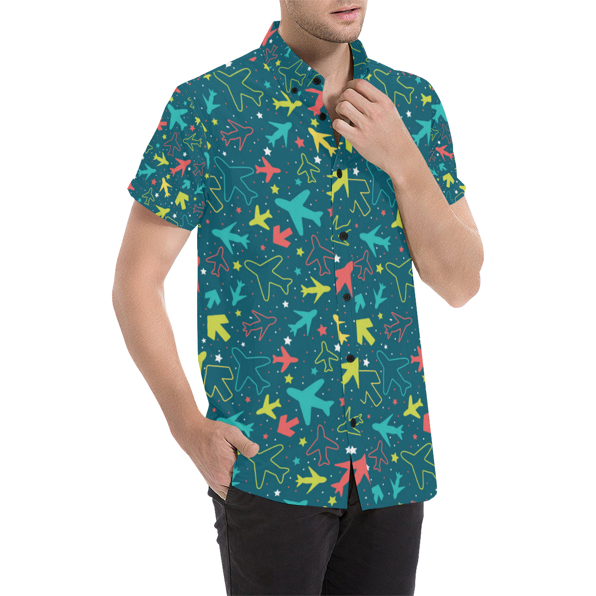 Airplane Pattern Print Design 05 Men's Short Sleeve Button Up Shirt