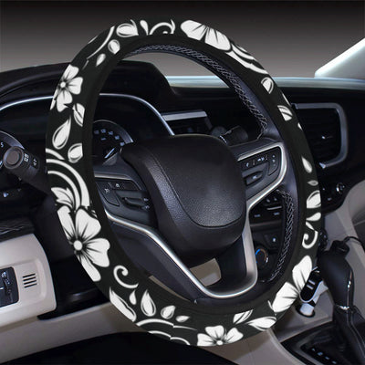 Floral Black White Themed Print Steering Wheel Cover with Elastic Edge