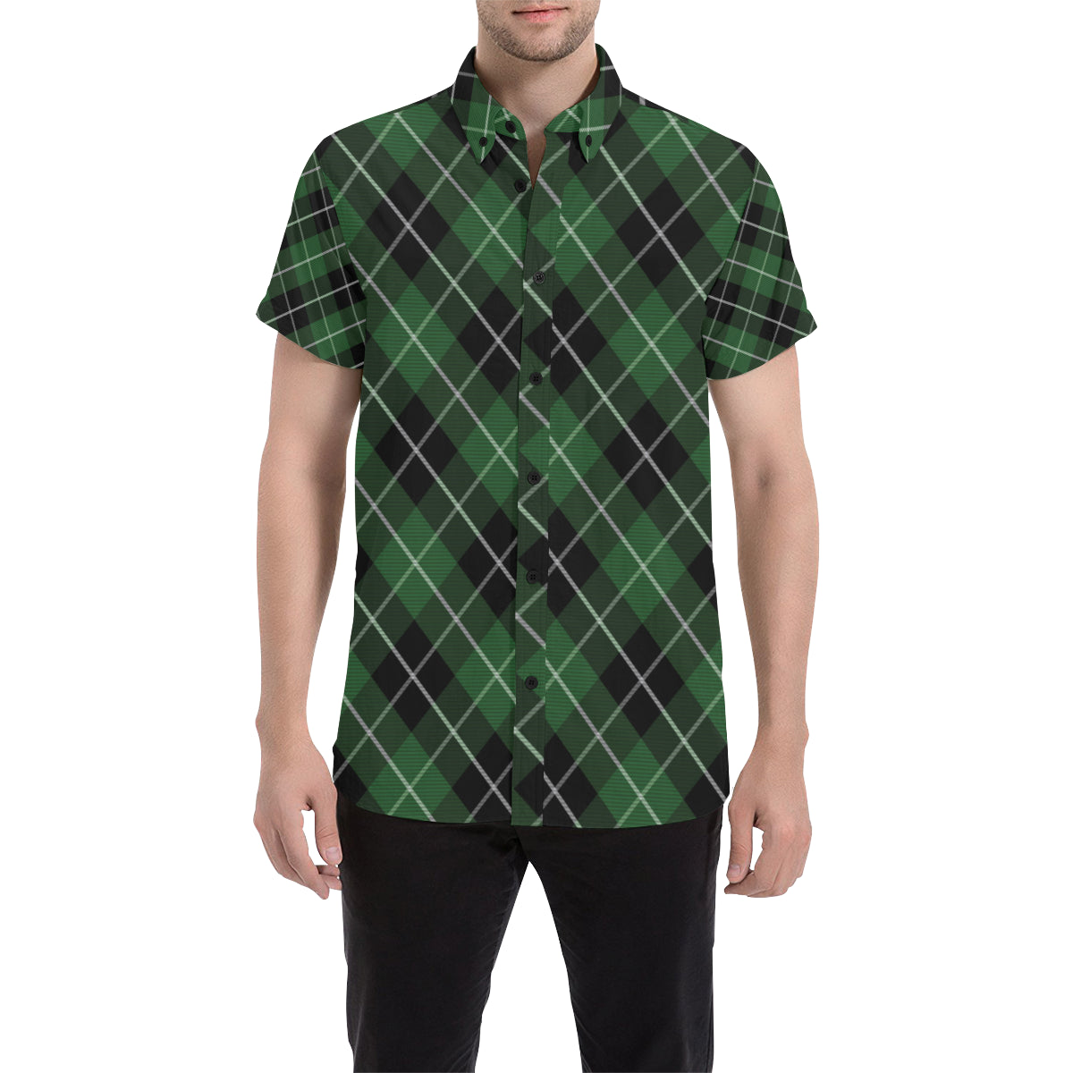 Plaid Green Pattern Print Design A05 Men's Short Sleeve Button Up Shirt