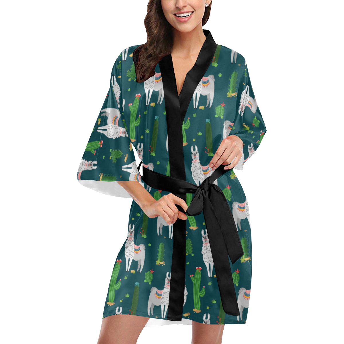 Llama Cactus Pattern Print Design 013 Women's Short Kimono