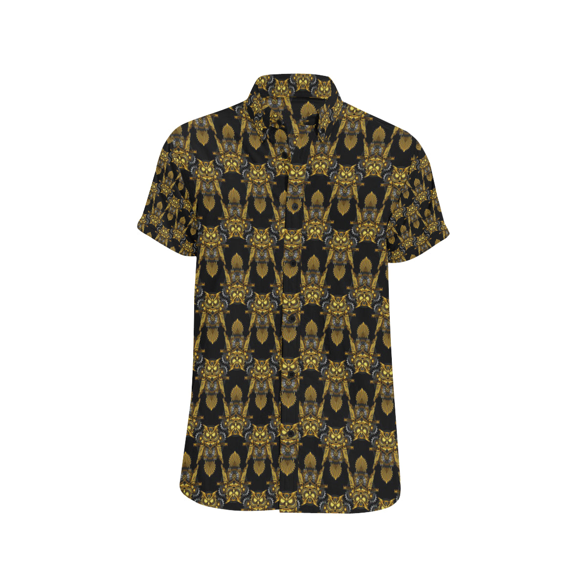 Steampunk Gold Owl Design Themed Print Men's Short Sleeve Button Up Shirt