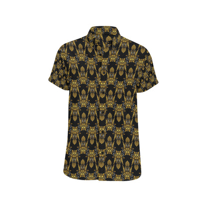 Steampunk Gold Owl Design Themed Print Men's Short Sleeve Button Up Shirt