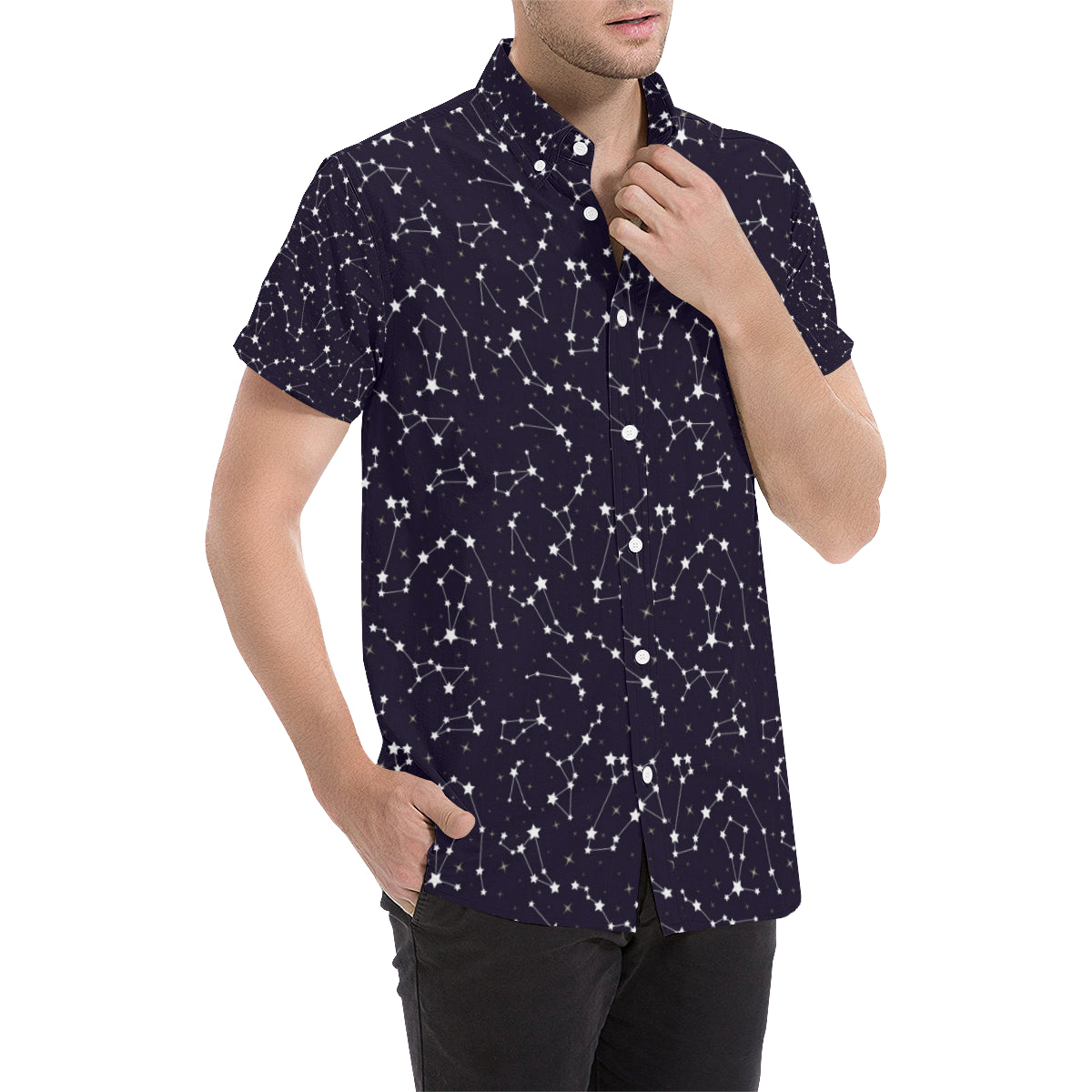 Zodiac Star Pattern Design Print Men's Short Sleeve Button Up Shirt