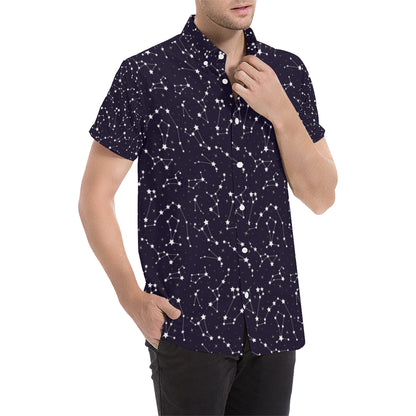 Zodiac Star Pattern Design Print Men's Short Sleeve Button Up Shirt