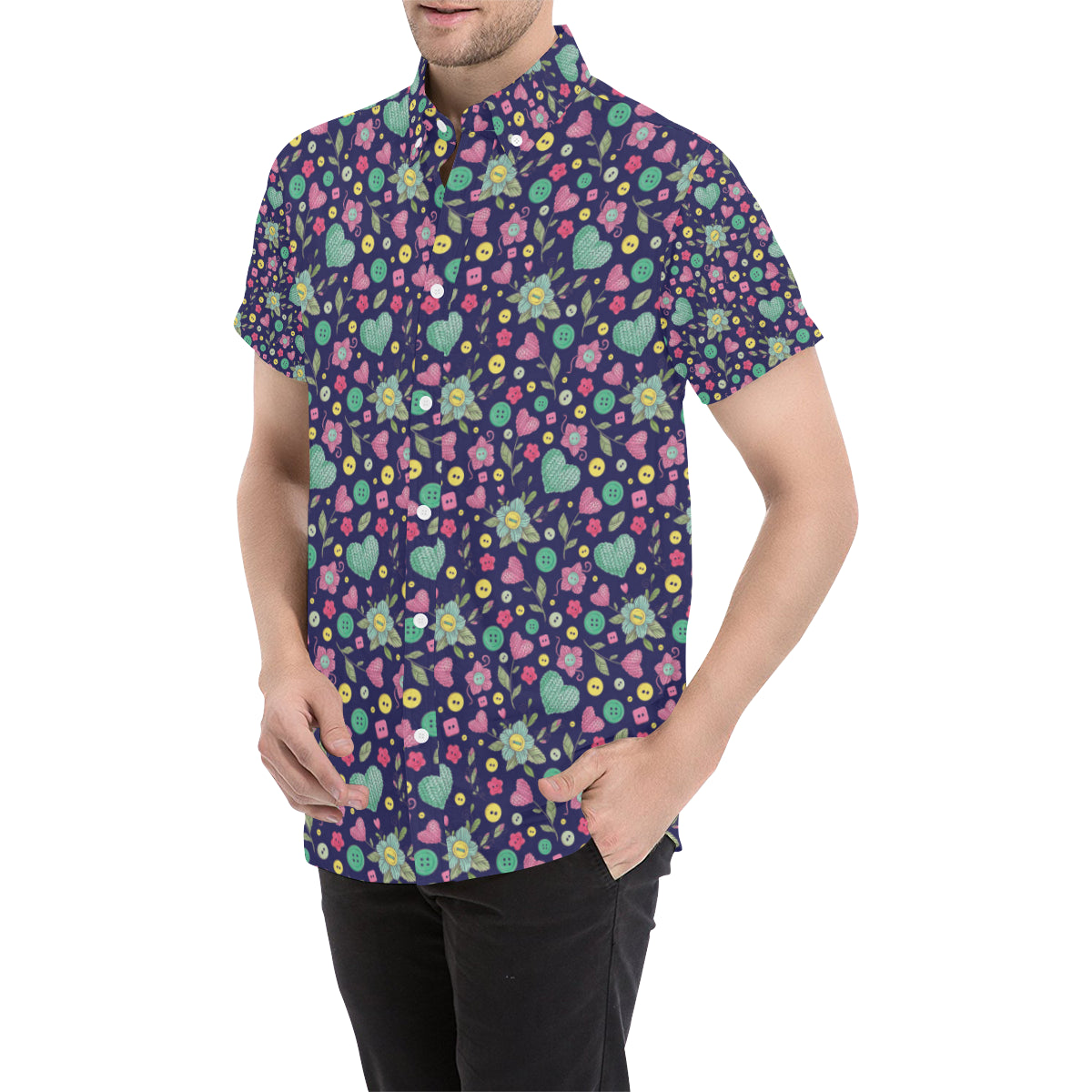 Crochet Pattern Print Design 02 Men's Short Sleeve Button Up Shirt