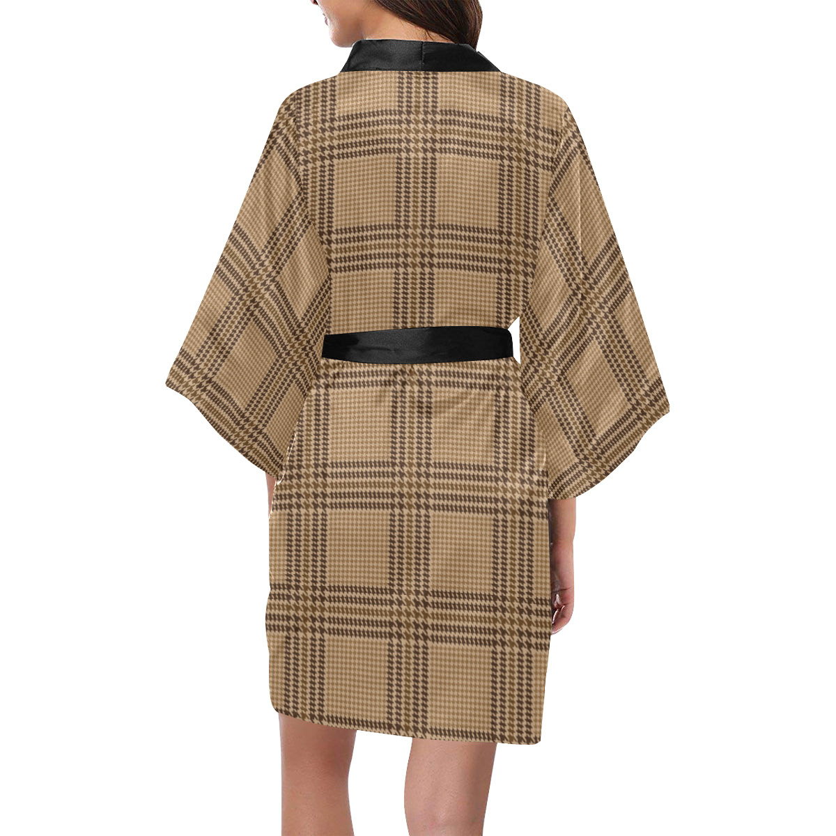 Houndstooth Brown Pattern Print Design 04 Women's Short Kimono