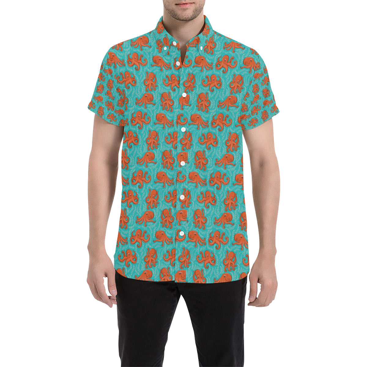 Octopus Cartoon Design Print Themed Men's Short Sleeve Button Up Shirt