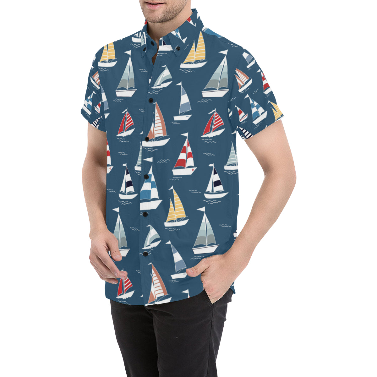 Sailing Ships Pattern Print Design A04 Men's Short Sleeve Button Up Shirt