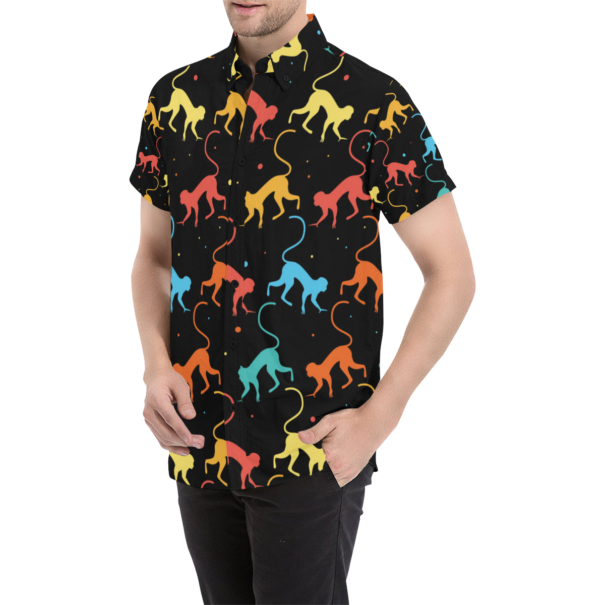 Monkey Pattern Print Design 01 Men's Short Sleeve Button Up Shirt