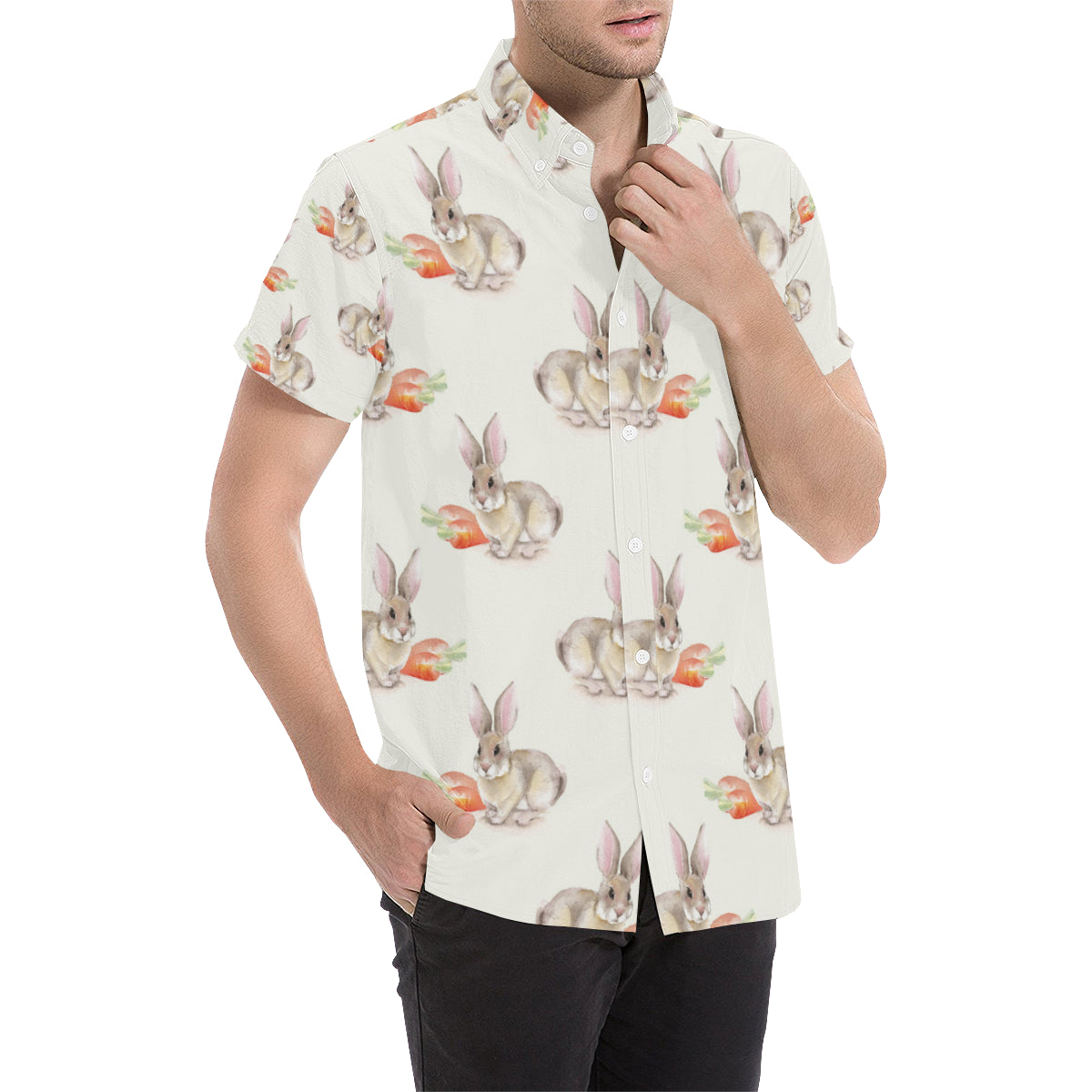 Rabbit Pattern Print Design 01 Men's Short Sleeve Button Up Shirt