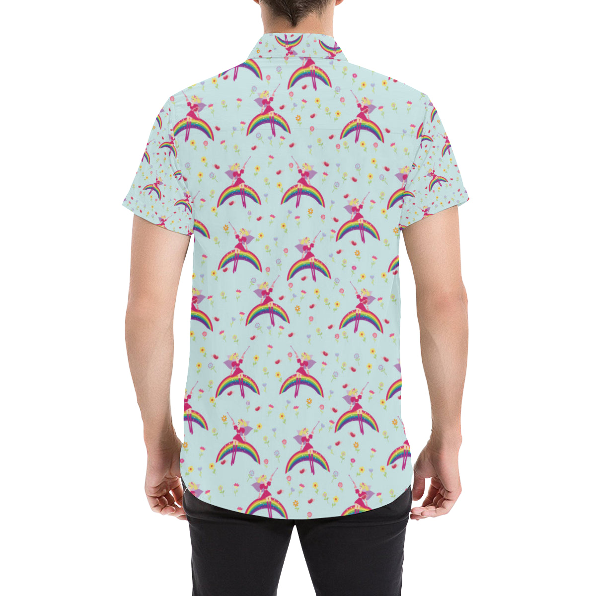 Fairy with Rainbow Print Pattern Men's Short Sleeve Button Up Shirt