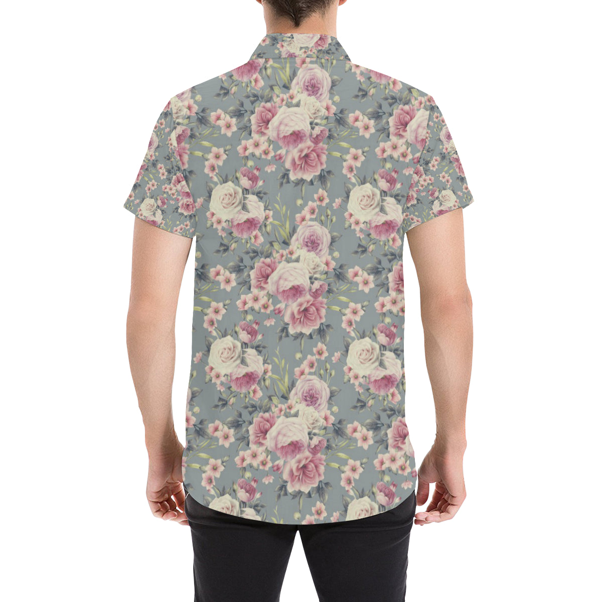 Peony Pattern Print Design PE05 Men's Short Sleeve Button Up Shirt