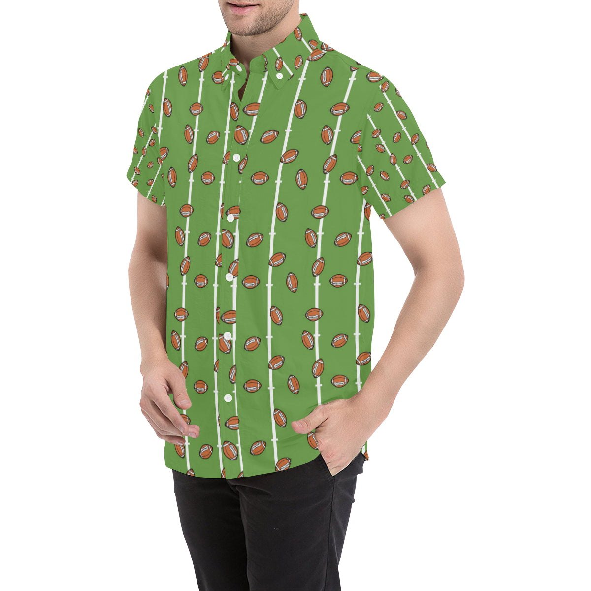American Football on Field Themed Print Men's Short Sleeve Button Up Shirt
