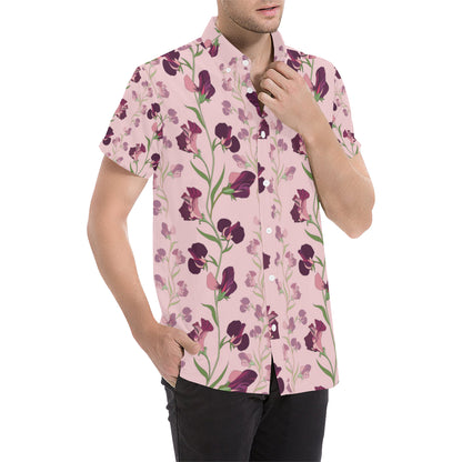 Peony Pattern Print Design PE09 Men's Short Sleeve Button Up Shirt