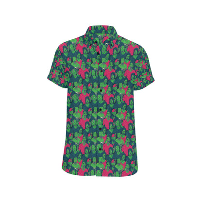 Zombie Themed Design Pattern Print Men's Short Sleeve Button Up Shirt
