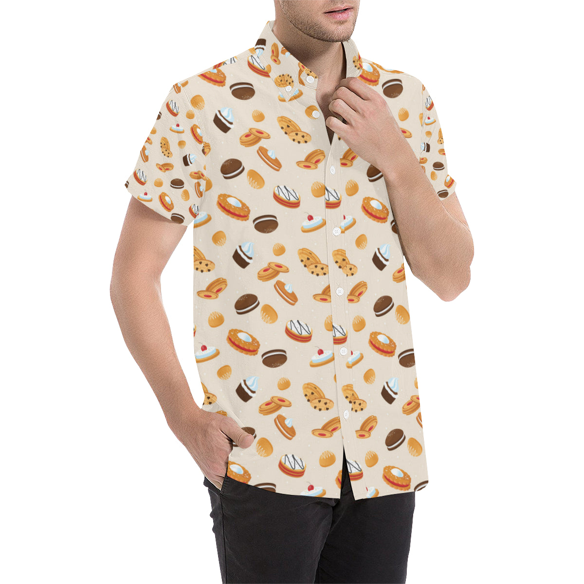Biscuit Pattern Print Design 01 Men's Short Sleeve Button Up Shirt