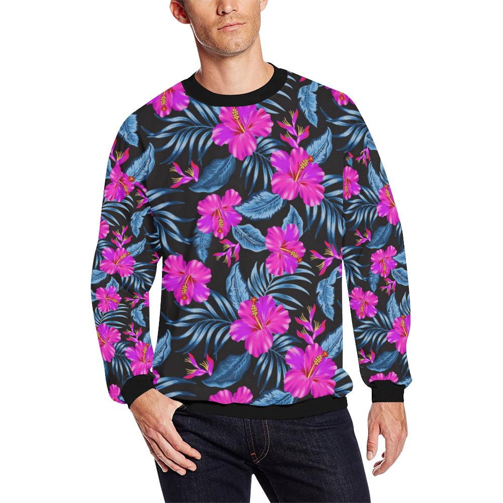 Neon Pink Hibiscus Pattern Print Design HB015 Men Long Sleeve Sweatshirt