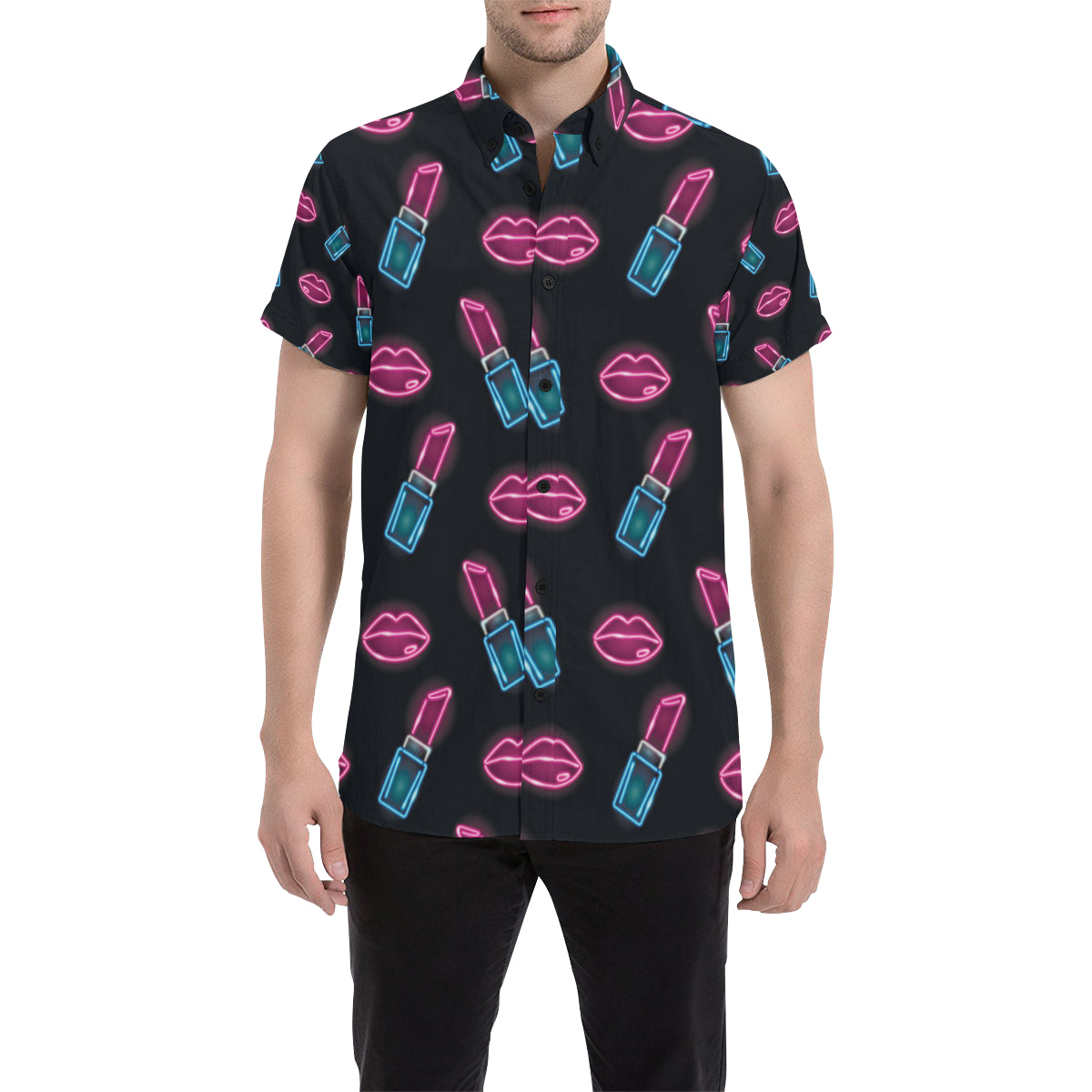 Lipstick Color Neon Pattern Print Design 03 Men's Short Sleeve Button Up Shirt