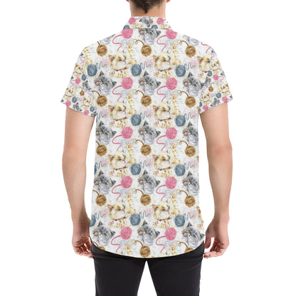 Cat Playing Yarn Pattern Print Design 07 Men's Short Sleeve Button Up Shirt
