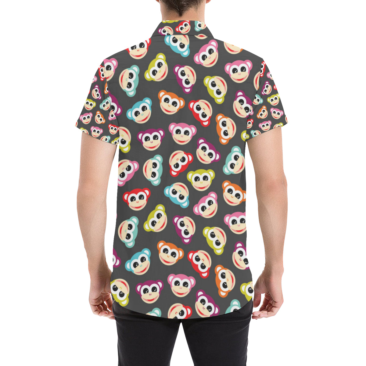 Monkey Head Design Themed Print Men's Short Sleeve Button Up Shirt