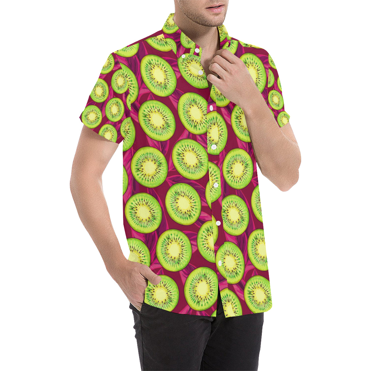 Kiwi Pattern Print Design KW05 Men's Short Sleeve Button Up Shirt
