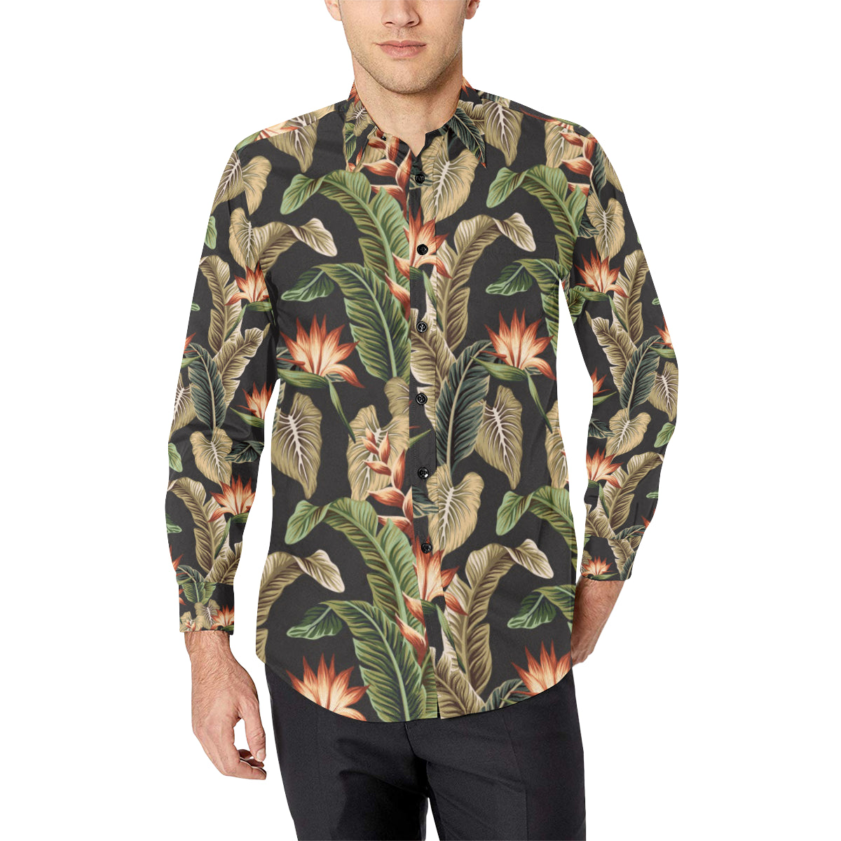 Tropical Flower Pattern Print Design TF014 Men's Long Sleeve Shirt