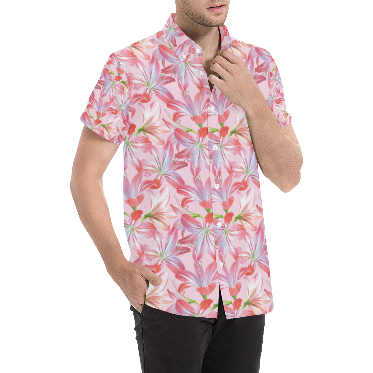 Amaryllis Pattern Print Design 02 Men's Short Sleeve Button Up Shirt