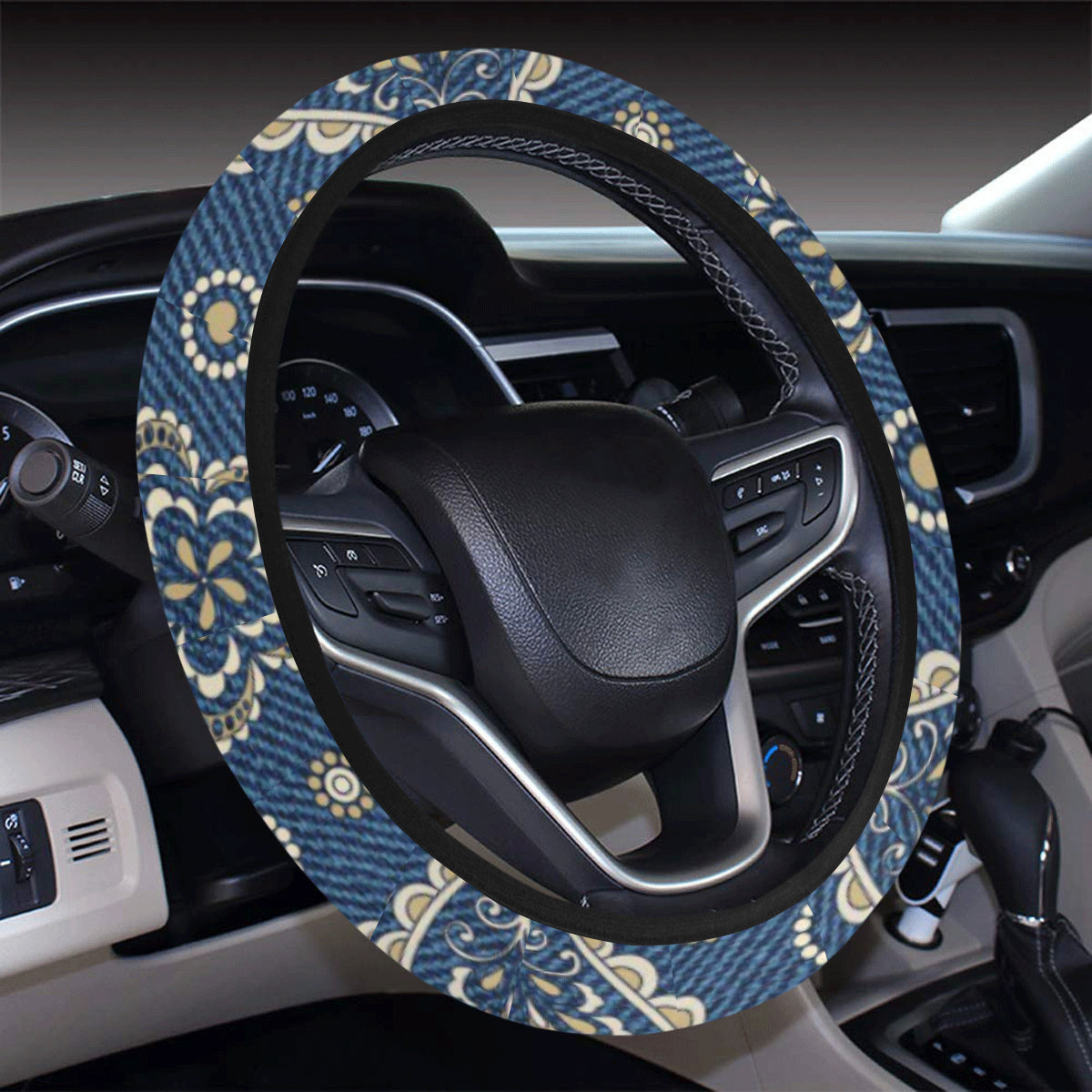 Jean Paisley Pattern Print Design 01 Steering Wheel Cover with Elastic Edge