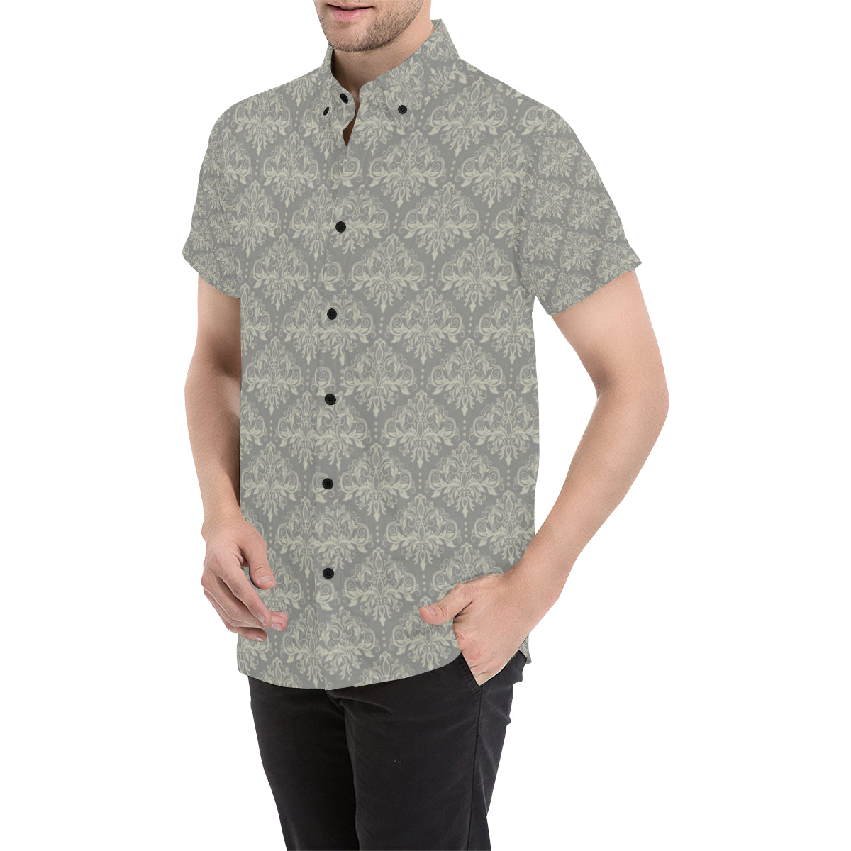 Damask Grey Elegant Print Pattern Men's Short Sleeve Button Up Shirt