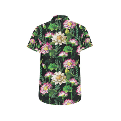 Water Lily Pattern Print Design WL010 Men's Short Sleeve Button Up Shirt