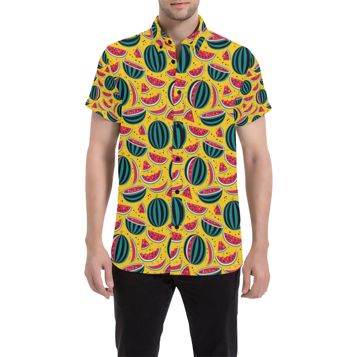 Watermelon Pattern Print Design WM02 Men's Short Sleeve Button Up Shirt
