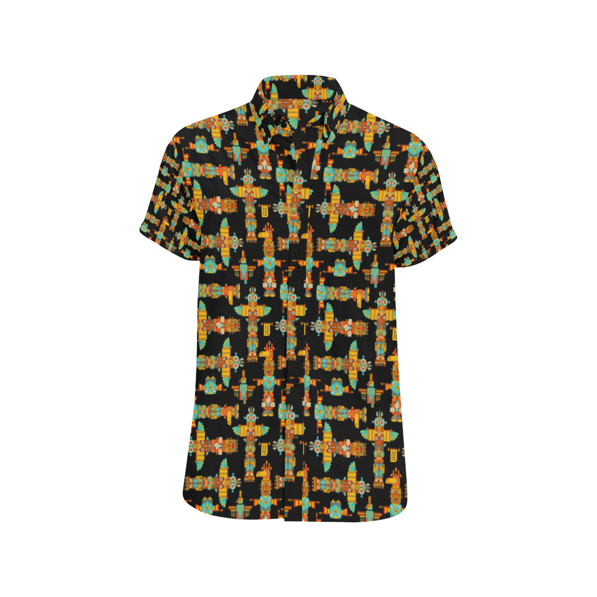 Totem Pole Cartoon Print Men's Short Sleeve Button Up Shirt