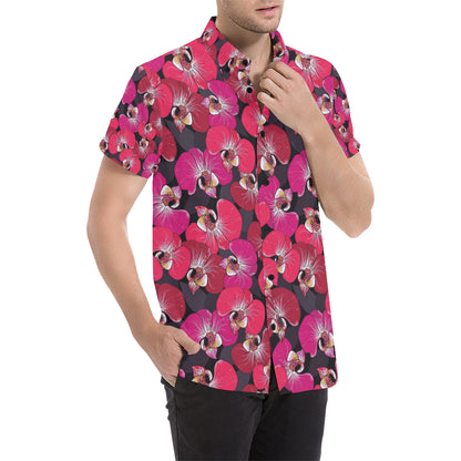Orchid Red Pattern Print Design OR05 Men's Short Sleeve Button Up Shirt